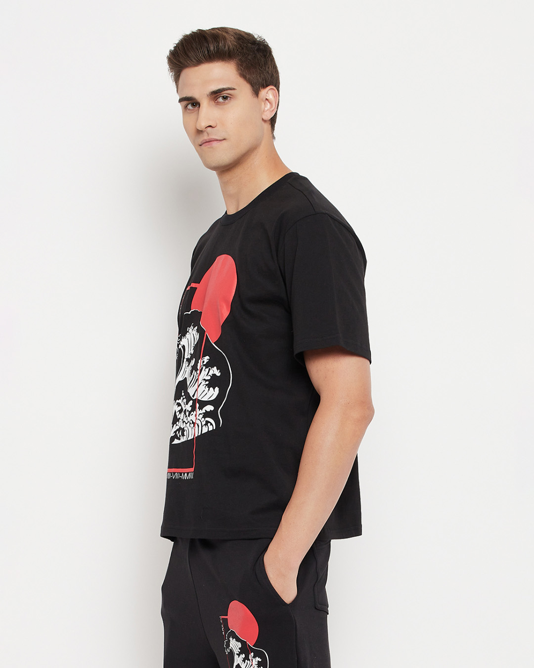 Shop Men's Black Oriental Waves Graphic Printed Oversized T-shirt-Back