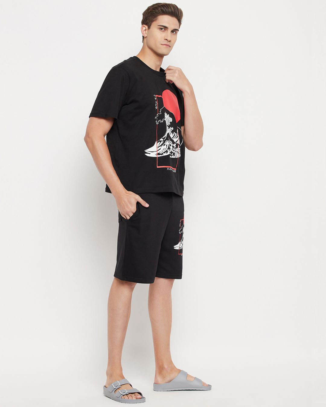 Shop Men's Black Oriental Waves Graphic Printed Oversized T-shirt & Shorts Set-Back