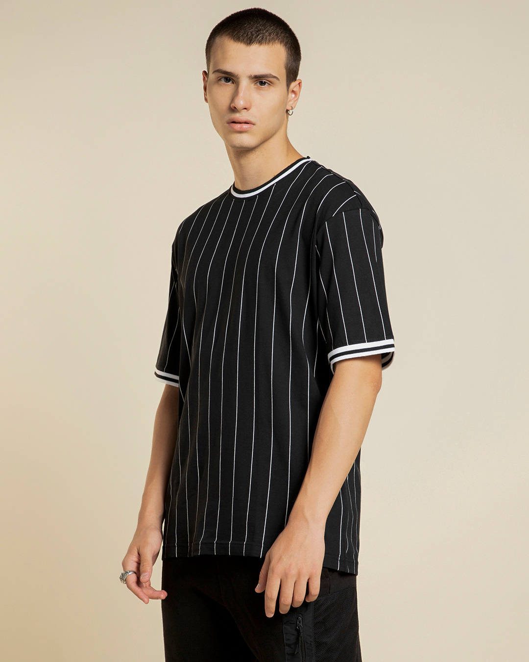 Shop Men's Black Striped Oversized T-shirt-Back