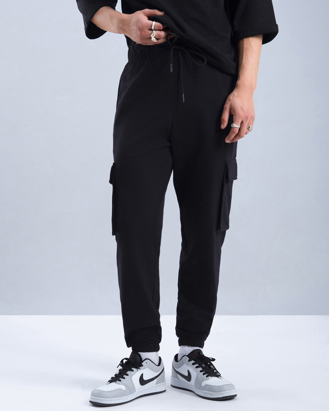 Shop Men's Black Oversized Cargo Joggers-Back