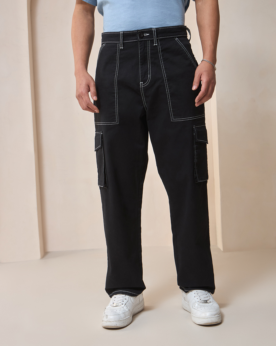 Shop Men's Black Oversized Cargo Pants-Back
