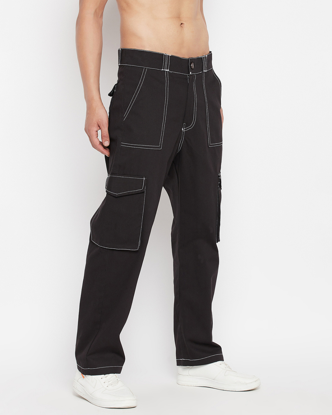 Shop Men's Black Oversized Cotton Cargo Pants-Back