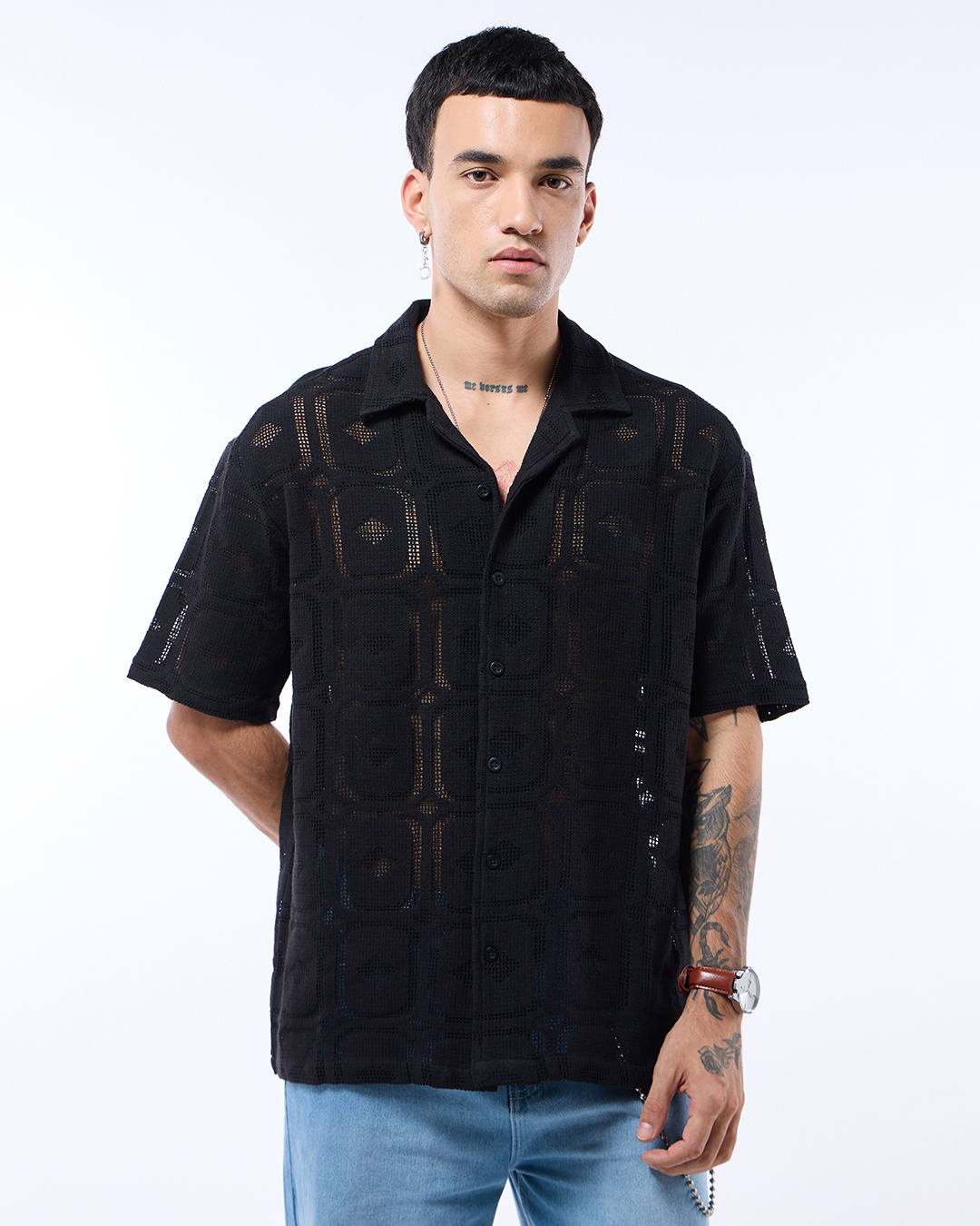 Shop Men's Black Oversized Crochet Shirt-Back