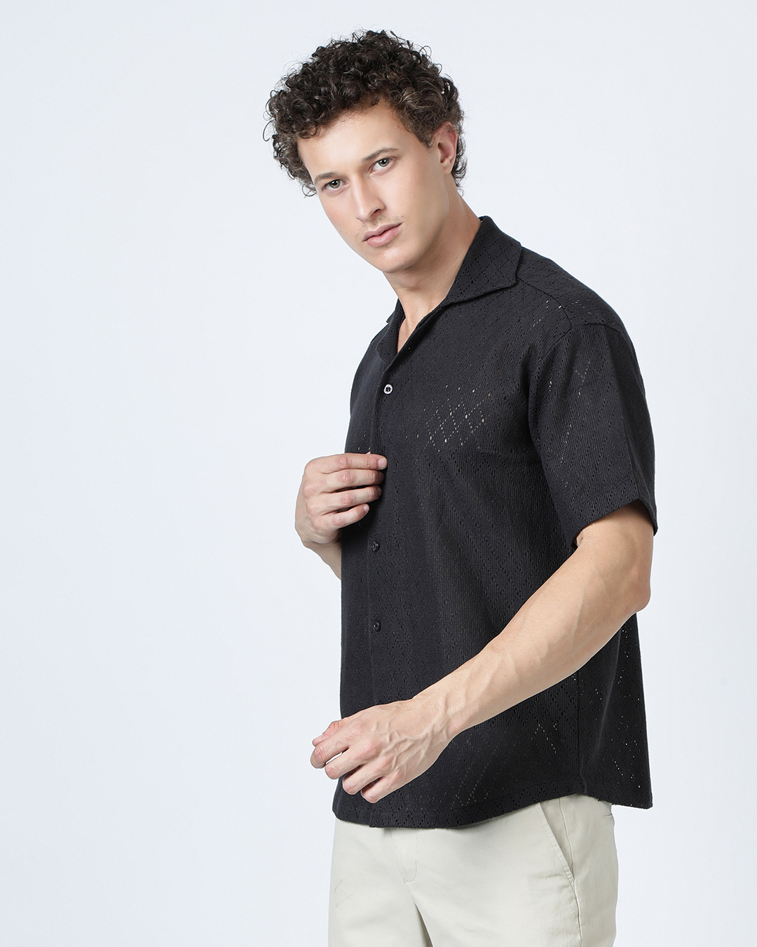Shop Men's Black Oversized Crochet Shirt-Back