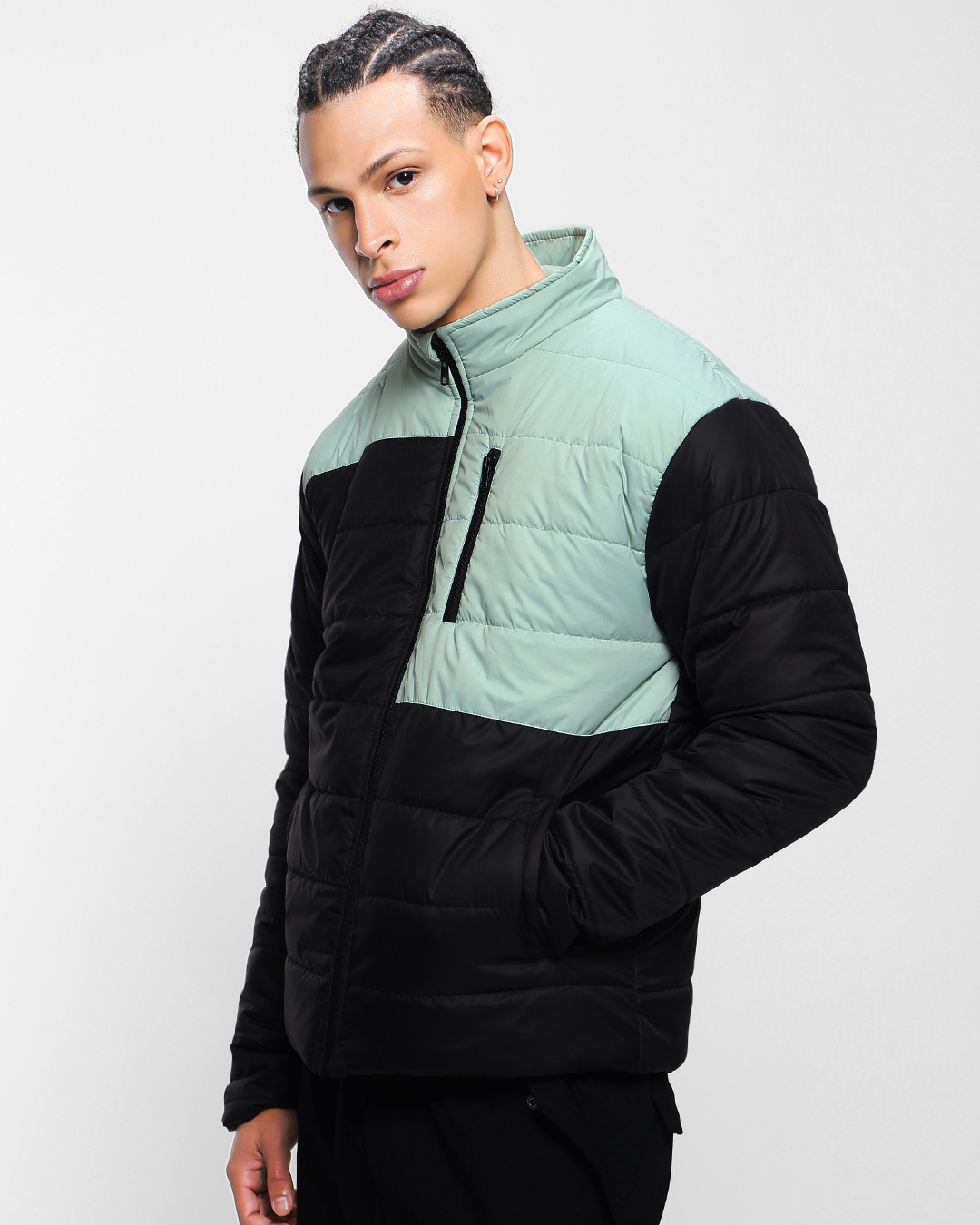 Shop Men's Black & Sage Color Block Oversized Puffer Jacket-Back