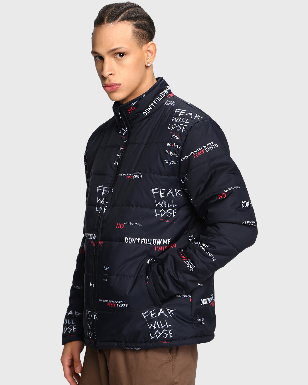 Shop Men's Black All Over Printed Oversized Puffer Jacket-Back