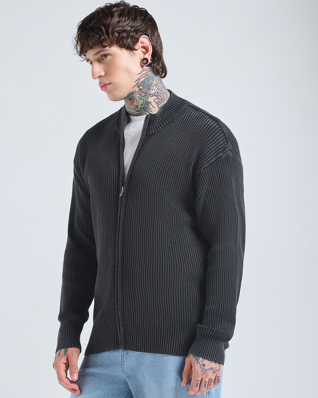 Shop Men's Black Textured Oversized Acid Wash Zipper Sweater-Back