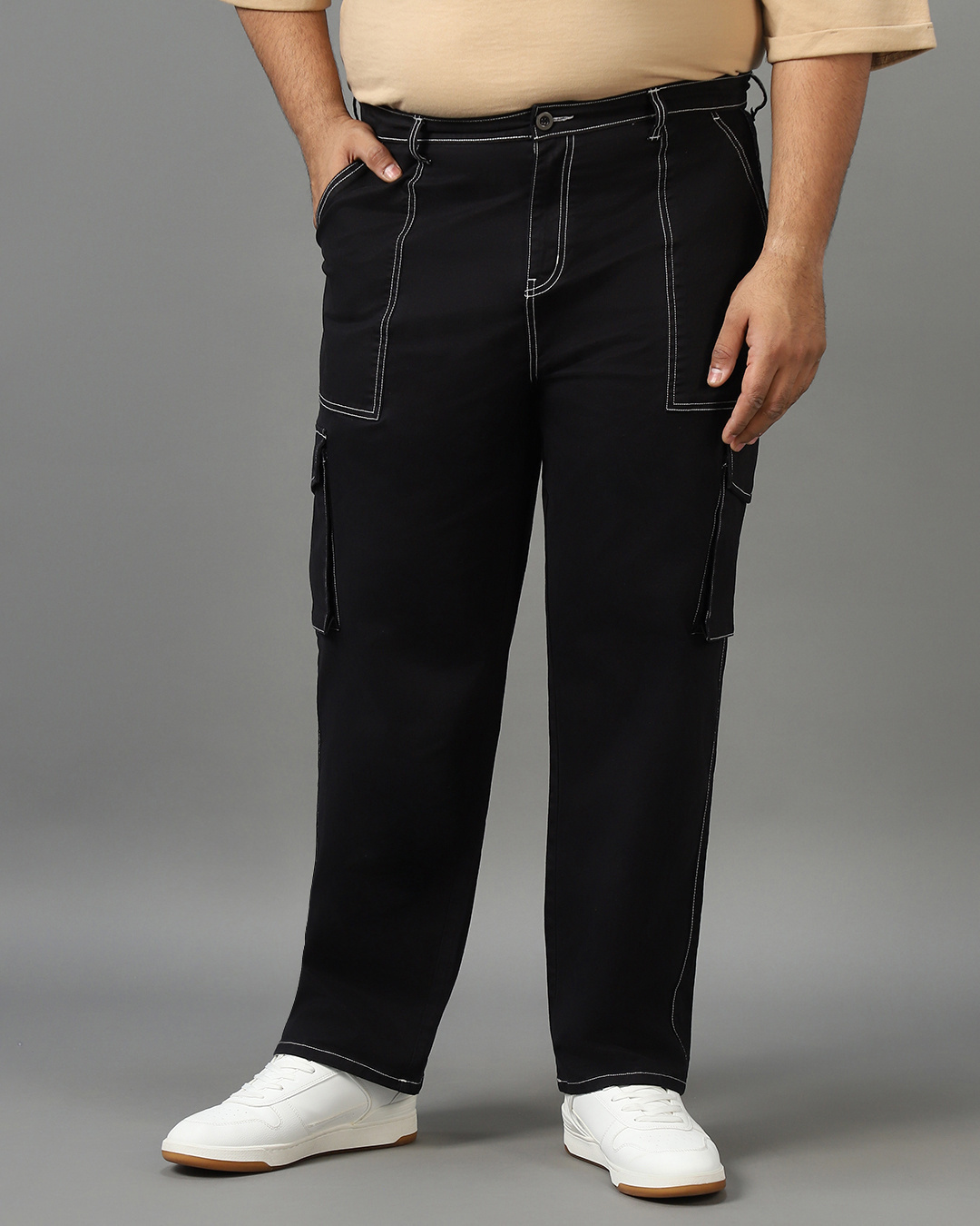Shop Men's Black Oversized Plus Size Cargo Pants-Back