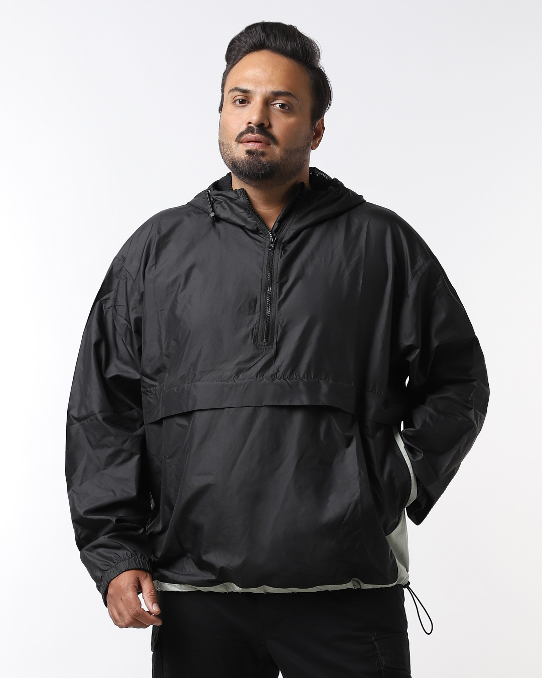 Shop Men's Black & Green Color Block Oversized Plus Size Windcheater Jacket-Back