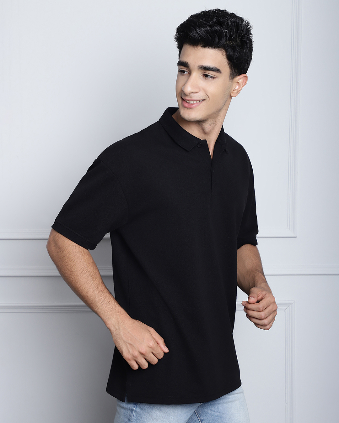 Shop Men's Black Oversized Polo T-shirt-Back