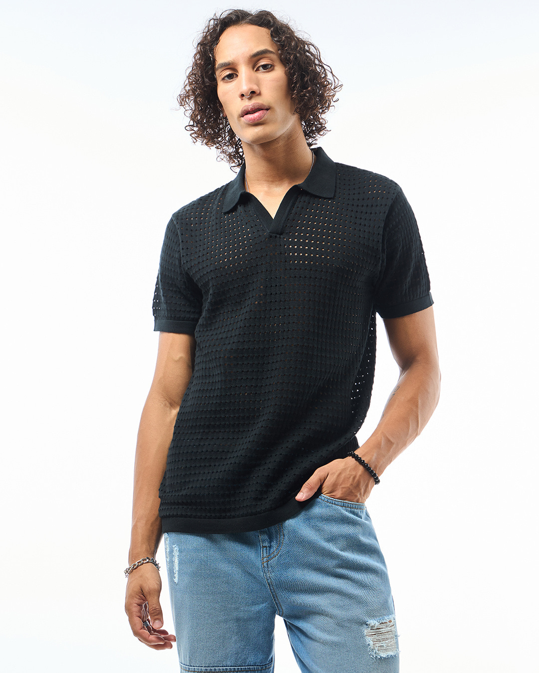 Shop Men's Black Flatknit Polo T-shirt-Back