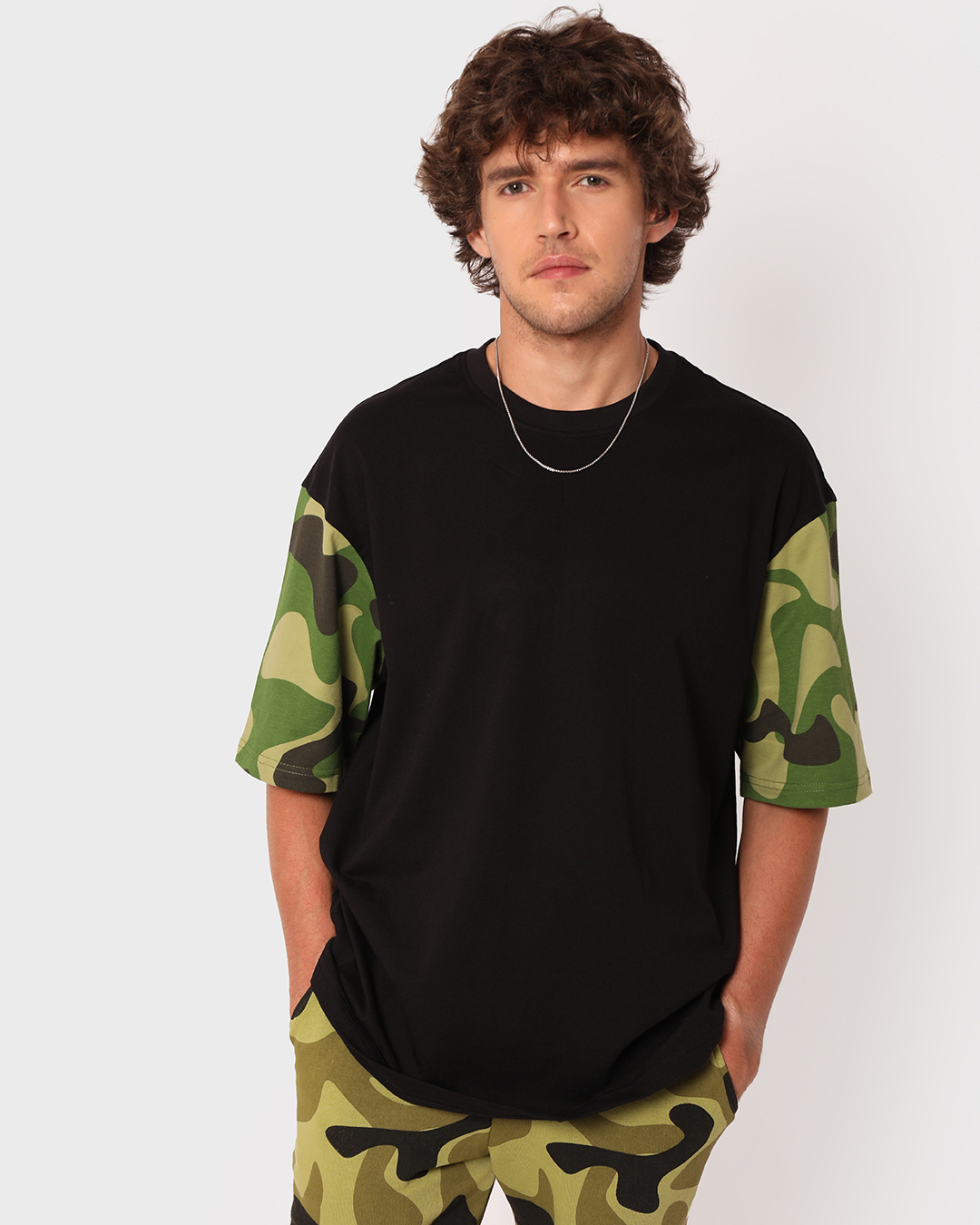 Shop Men's Black Pand Camo Sleeve Super Loose T-shirt-Back