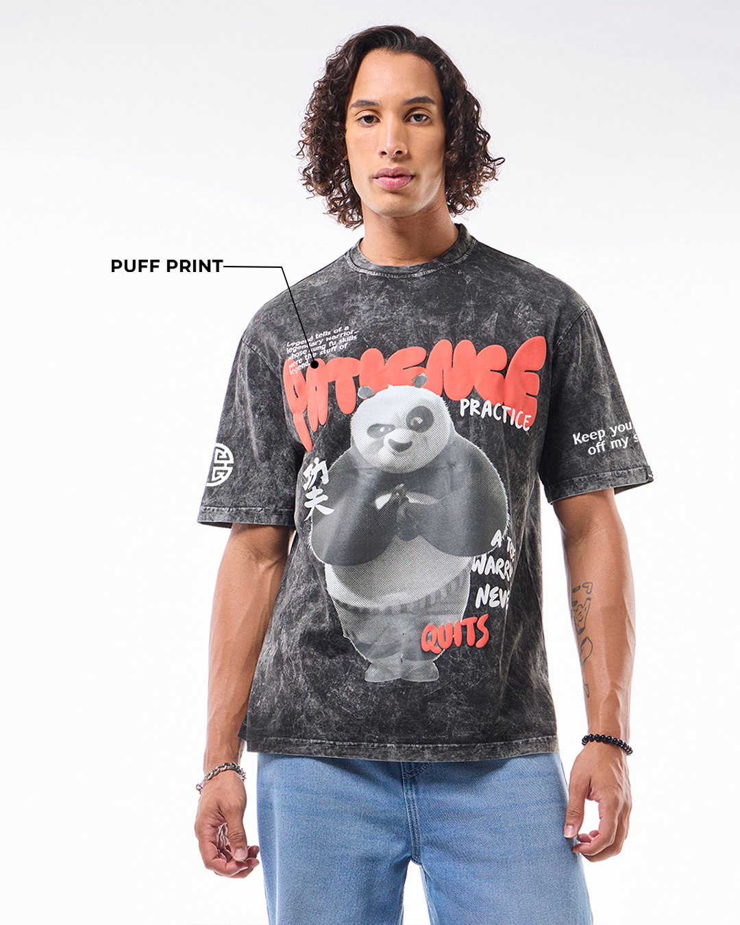 Shop Men's Black Patience is the Key Graphic Printed Oversized Acid Wash T-shirt-Back