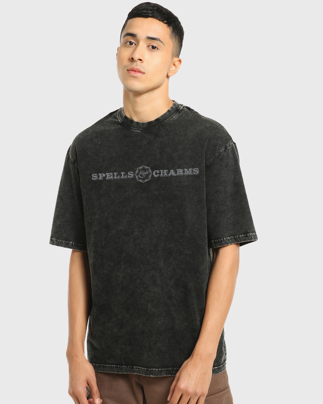 Shop Men's Black Patronum Graphic Printed Oversized Acid Wash T-shirt-Back