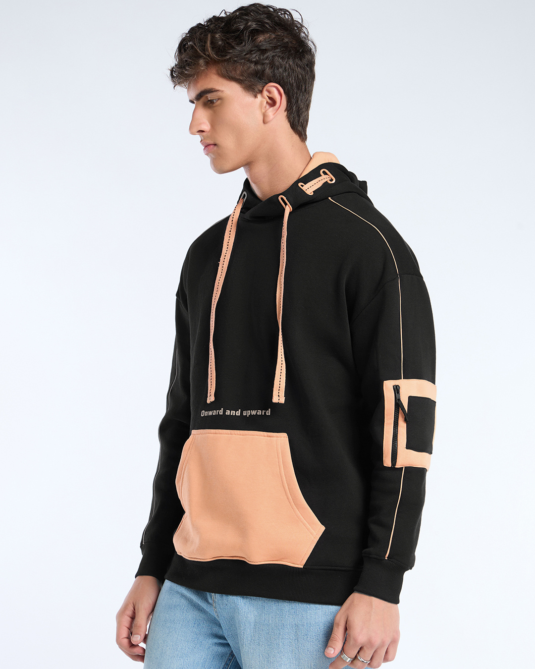 Shop Men's Black & Peach Cobbler Color Block Oversized Hoodies-Back