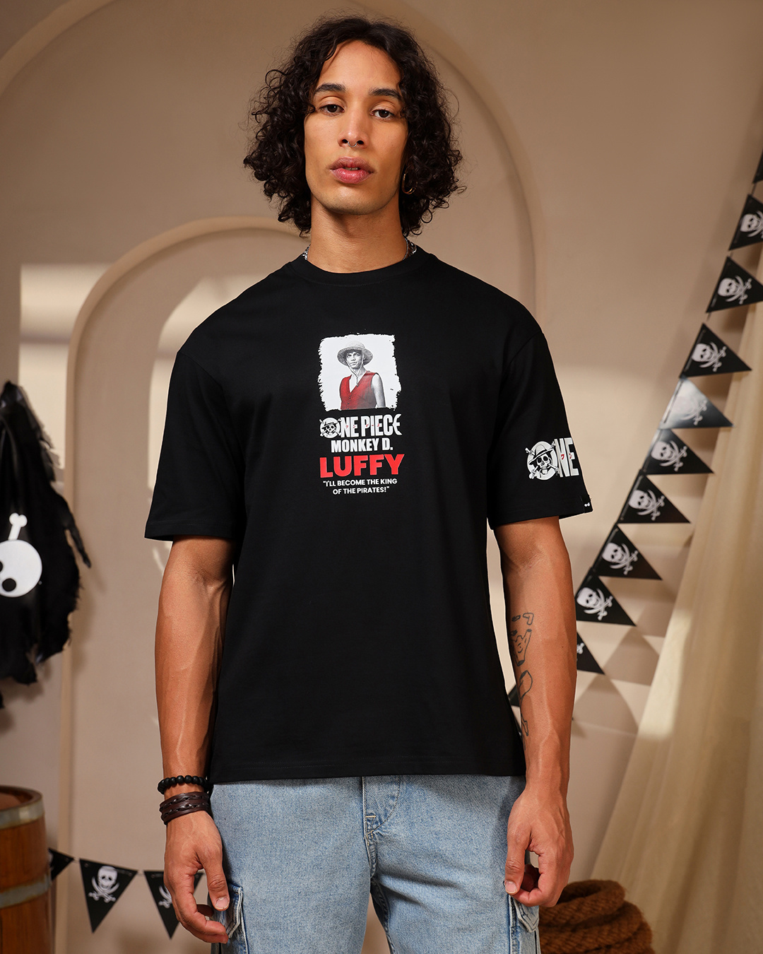 Shop Men's Black Pirate Crew Graphic Printed Oversized T-shirt-Back