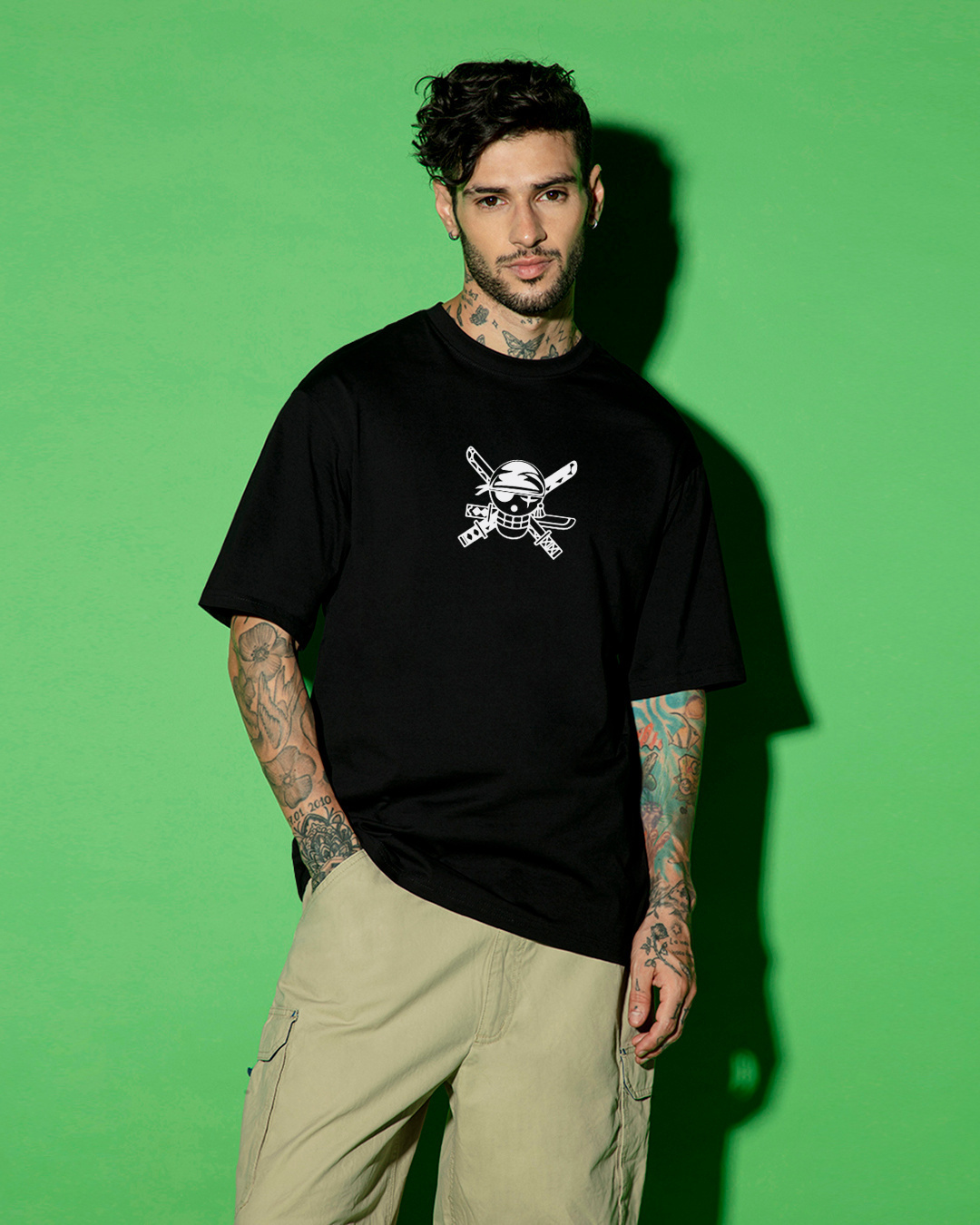 Shop Men's Black Pirate Hunter Zoro Graphic Printed Oversized Plus Size T-shirt-Back