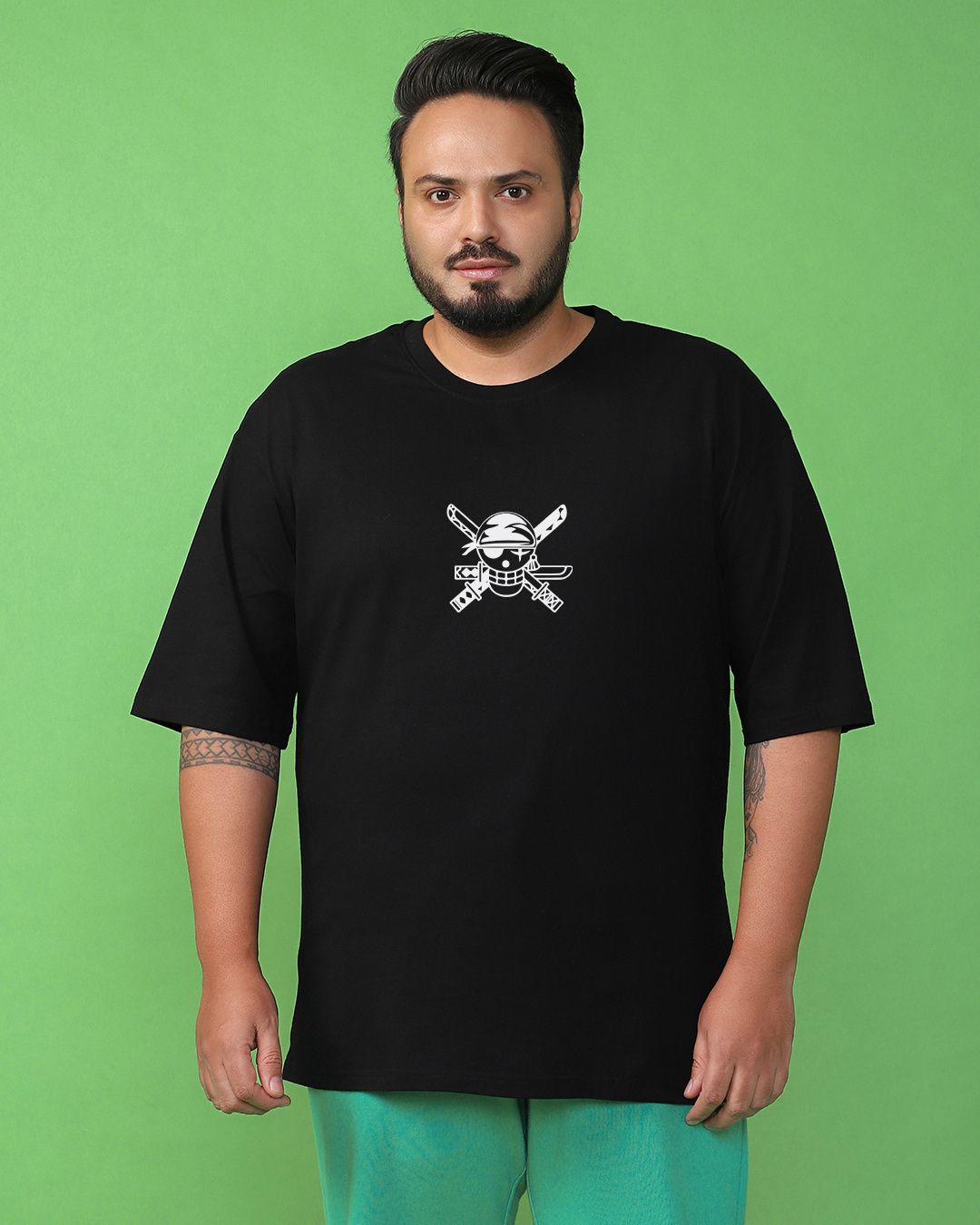 Shop Men's Black Pirate Hunter Zoro Graphic Printed Oversized Plus Size T-shirt-Back