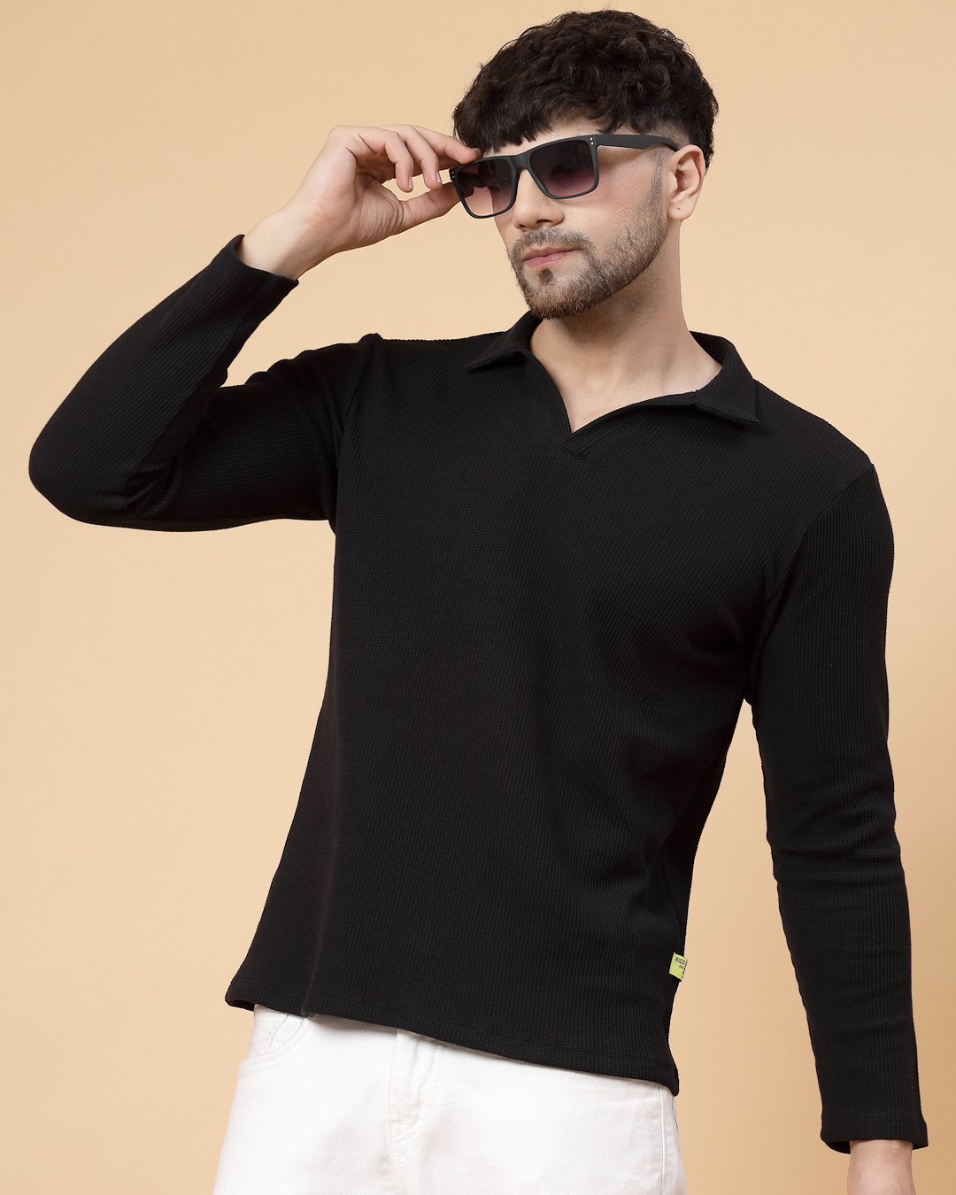 Buy Men's Black Waffle Knitted Polo T-Shirt Online at Bewakoof