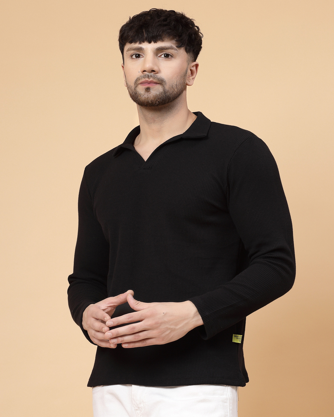 Shop Men's Black Waffle Knitted Polo T-Shirt-Back
