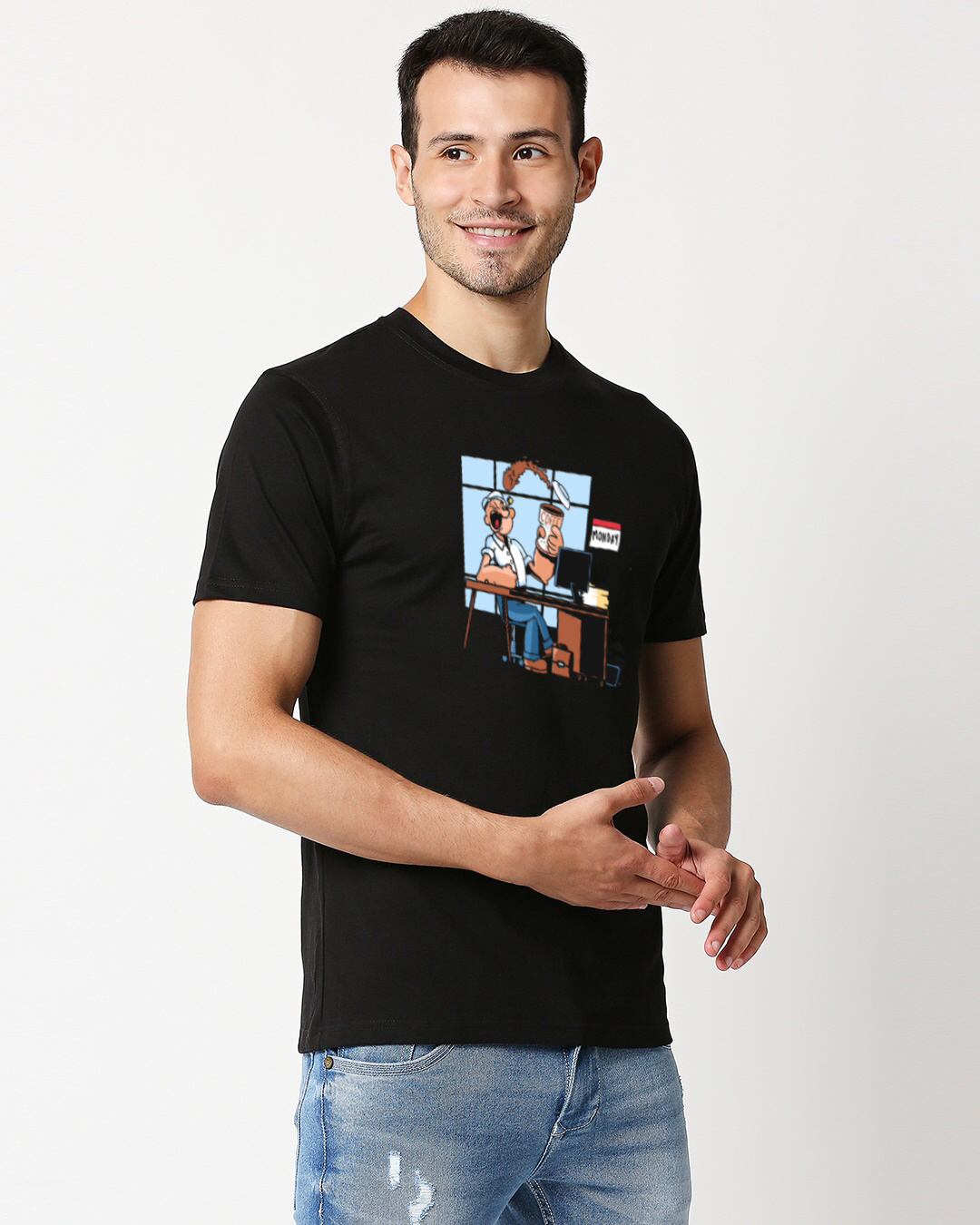 Shop Men's Black Popeye Cotton T-shirt-Back