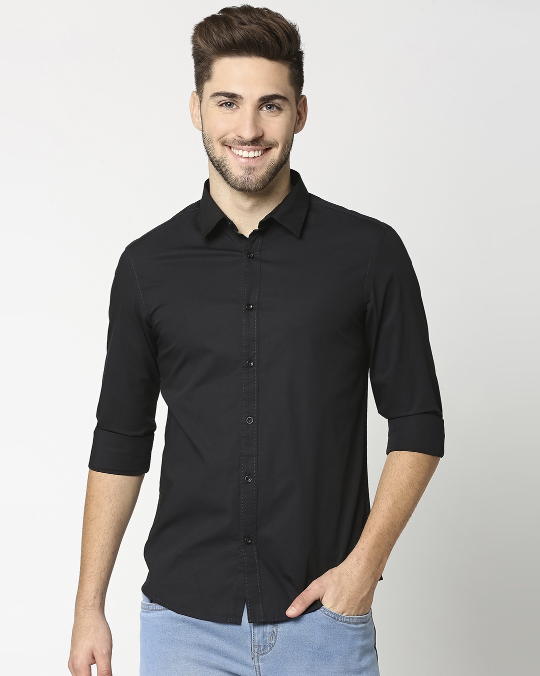Shop Men's Black Poplin Lycra Slim Fit Casual Shirt-Back