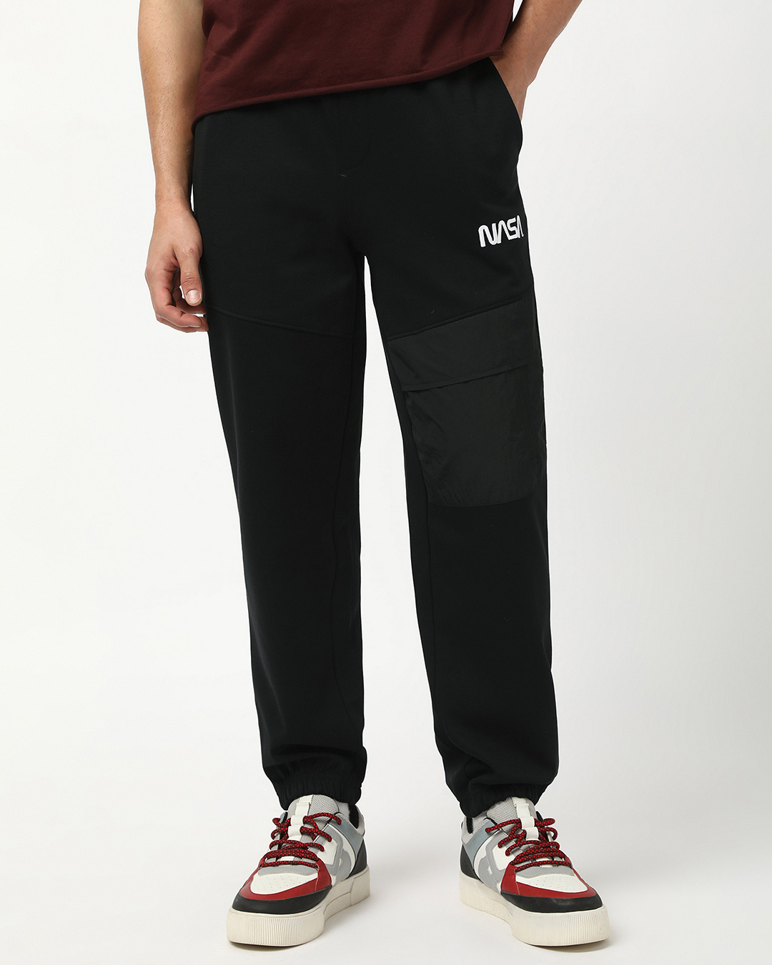 Shop Men's Black NASA Typography Oversized Cargo Joggers-Back