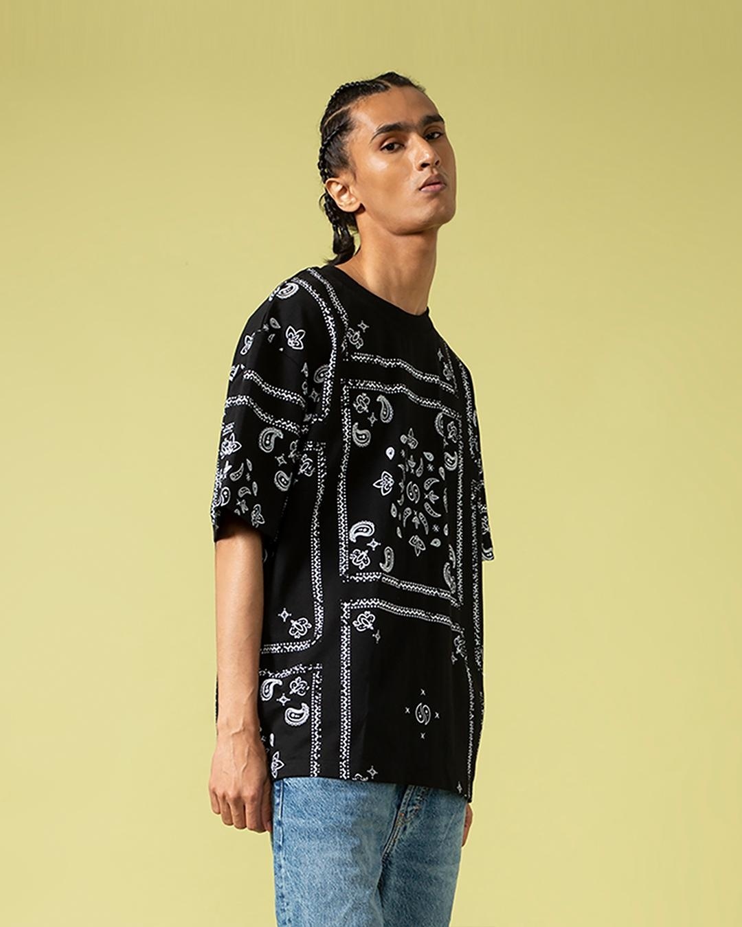 Shop Men's Black Bandana Paisley Printed Super Loose Fit T-shirt-Back