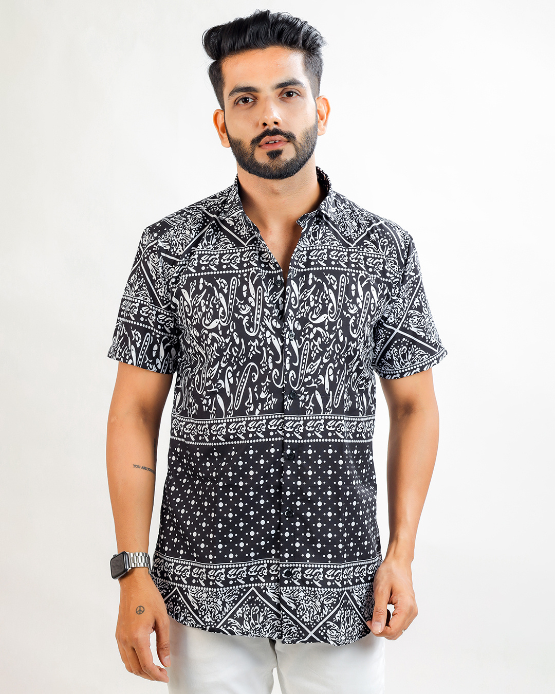 Men's Black Printed Shirt Collar Slim Fit Co-Ords