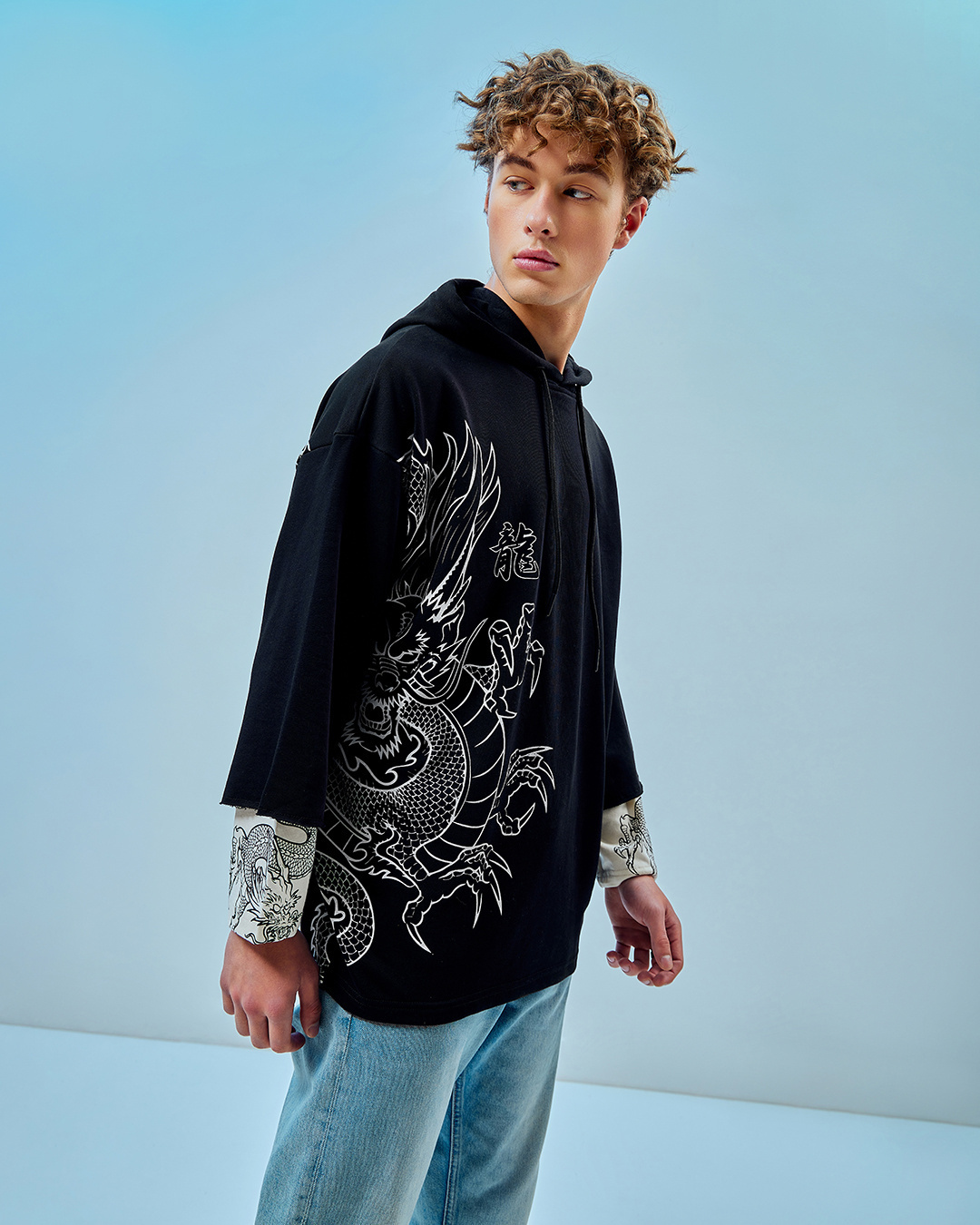 Shop Men's Black Graphic Printed Super Loose Fit Hoodies-Back