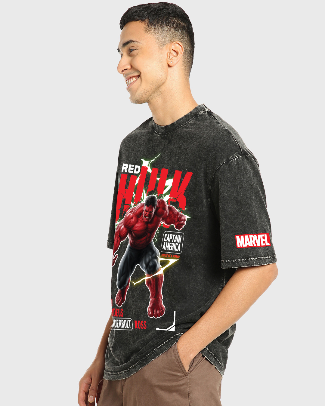 Shop Men's Black Red Hulk Graphic Printed Oversized Acid Wash T-shirt-Back