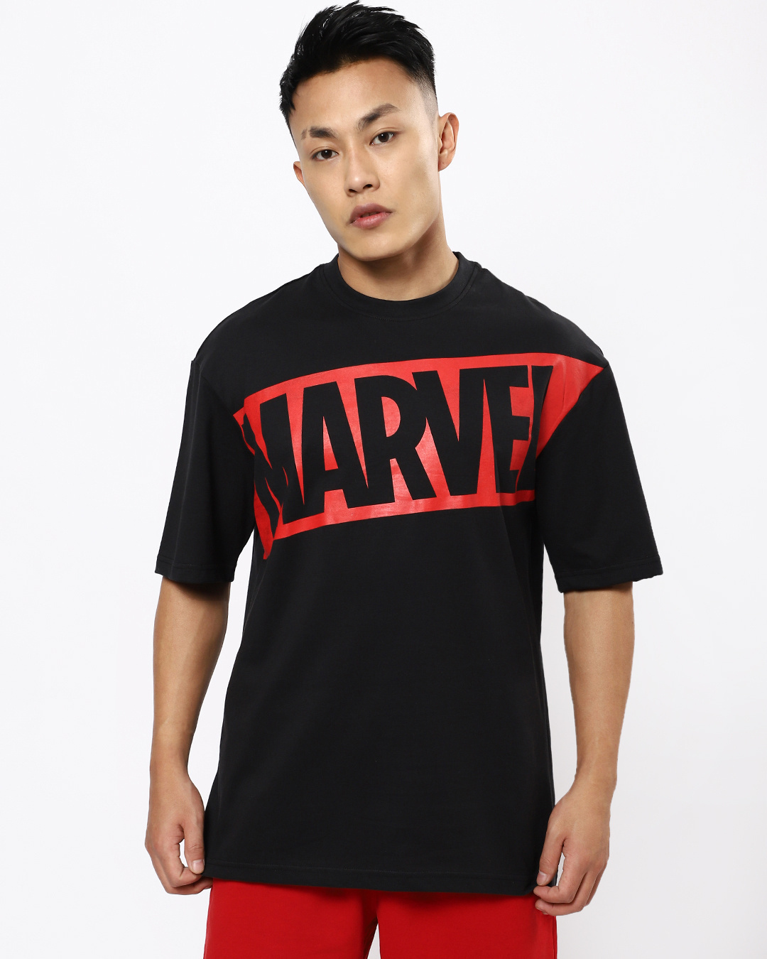 Shop Men's Black Red Marvel Oversized Typography T-shirt-Back