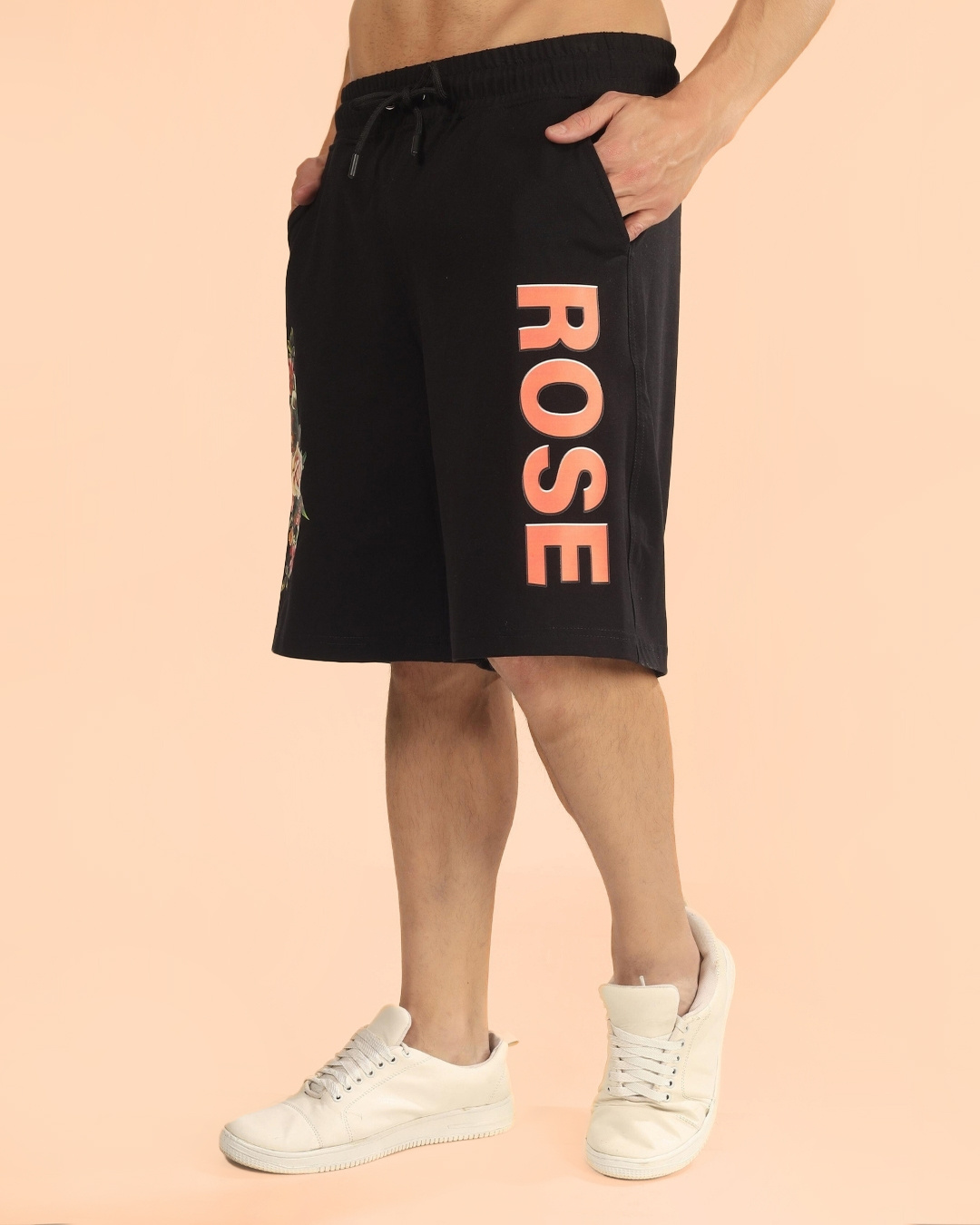 Shop Men's Black Rose Graphic Printed Relaxed Fit Shorts-Back