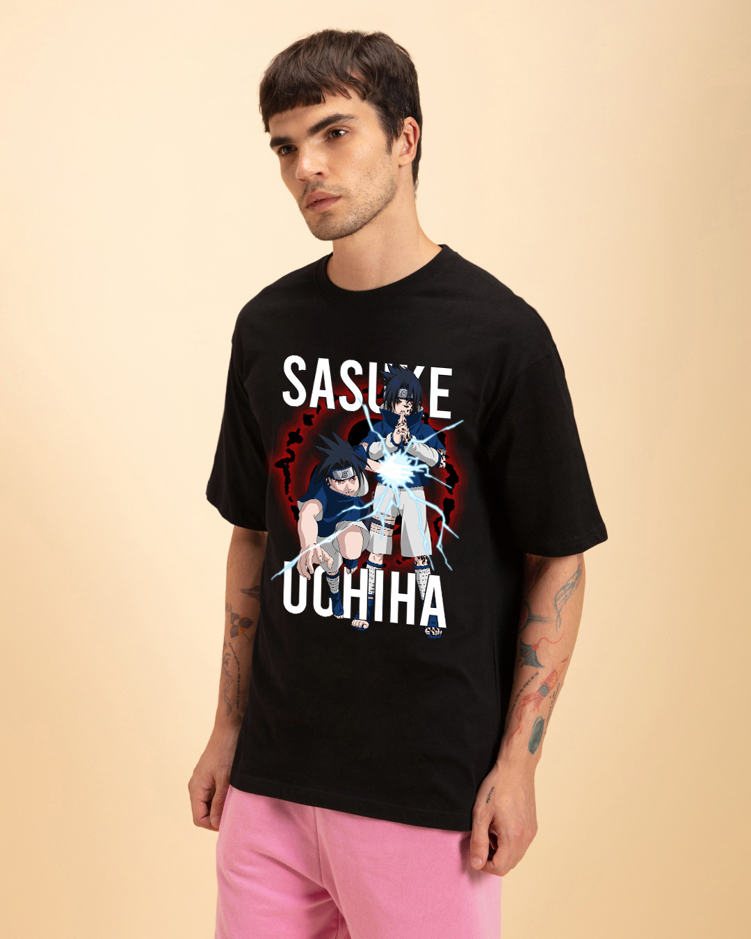 Shop Men's Black Sasuke Uchiha Graphic Printed Oversized T-shirt-Back