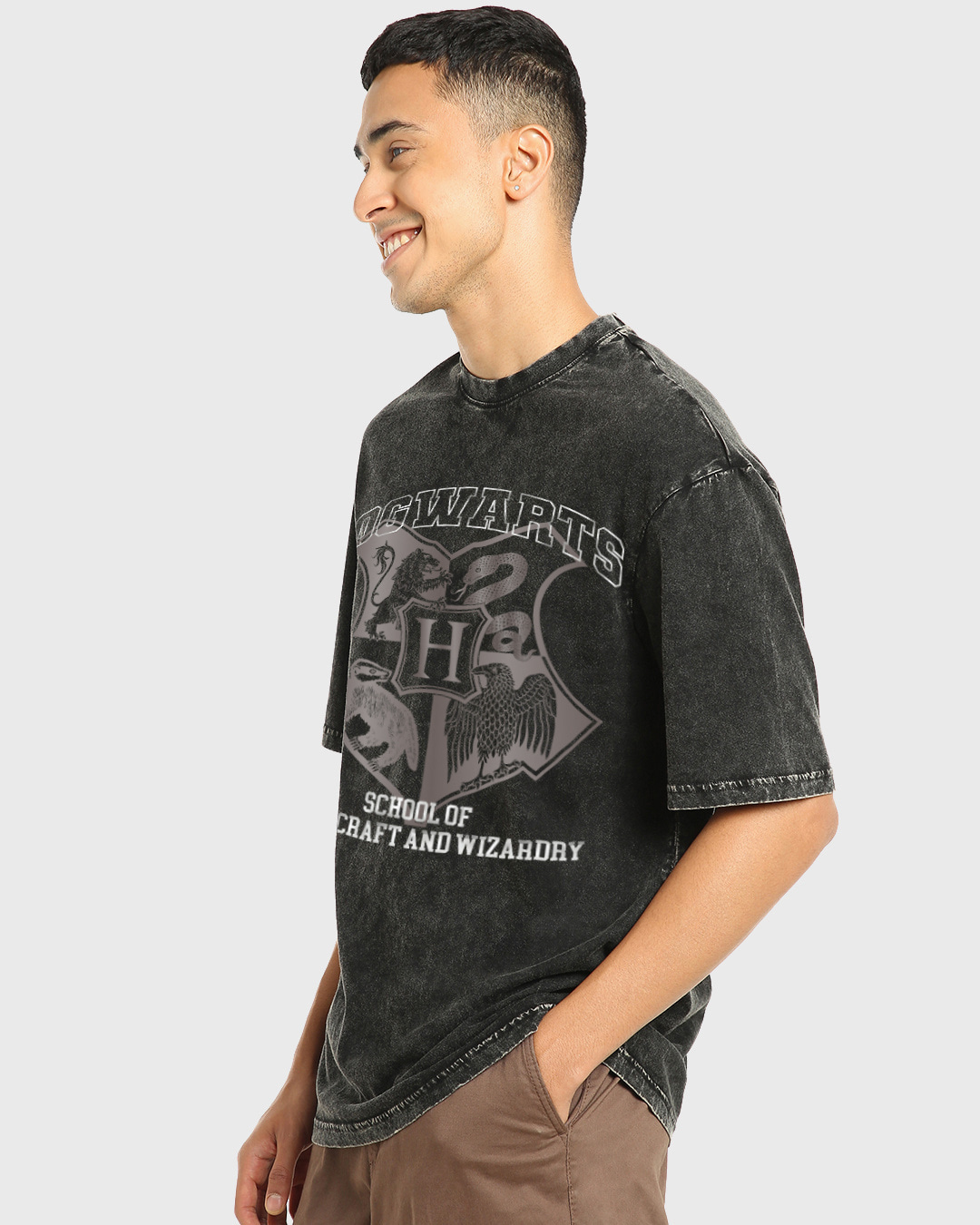 Shop Men's Black Seeker Typography Oversized Acid Wash T-shirt-Back