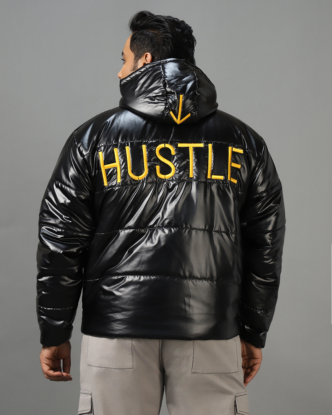 Shop Men's Black Shine Graphic Printed Oversized Plus Size Puffer Jacket-Back