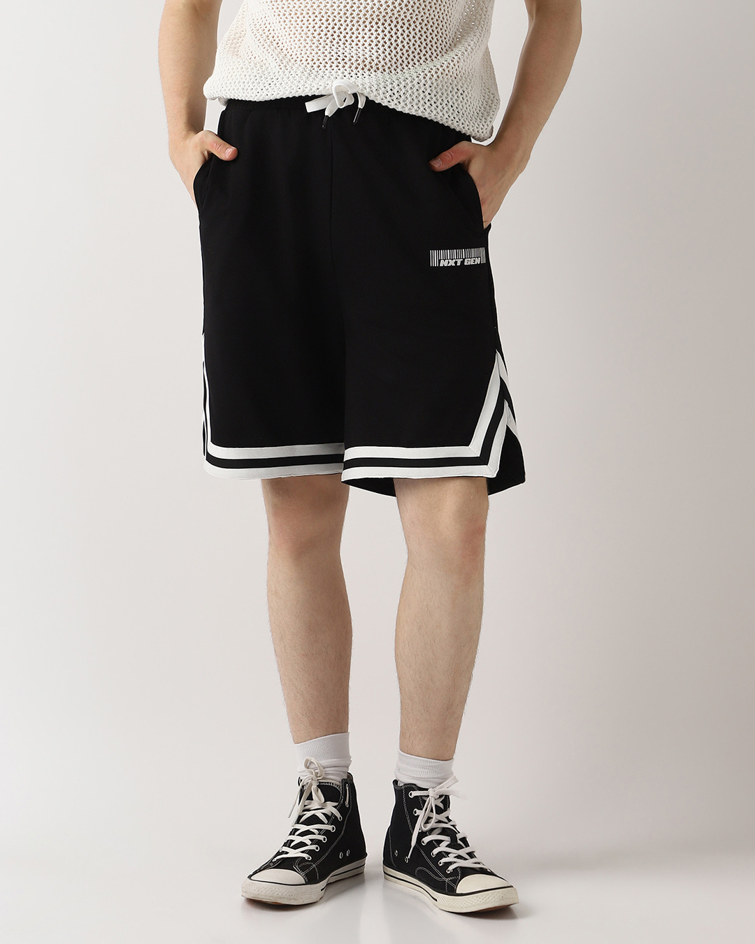 Shop Men's Black Typography Side Vent Oversized Shorts-Back