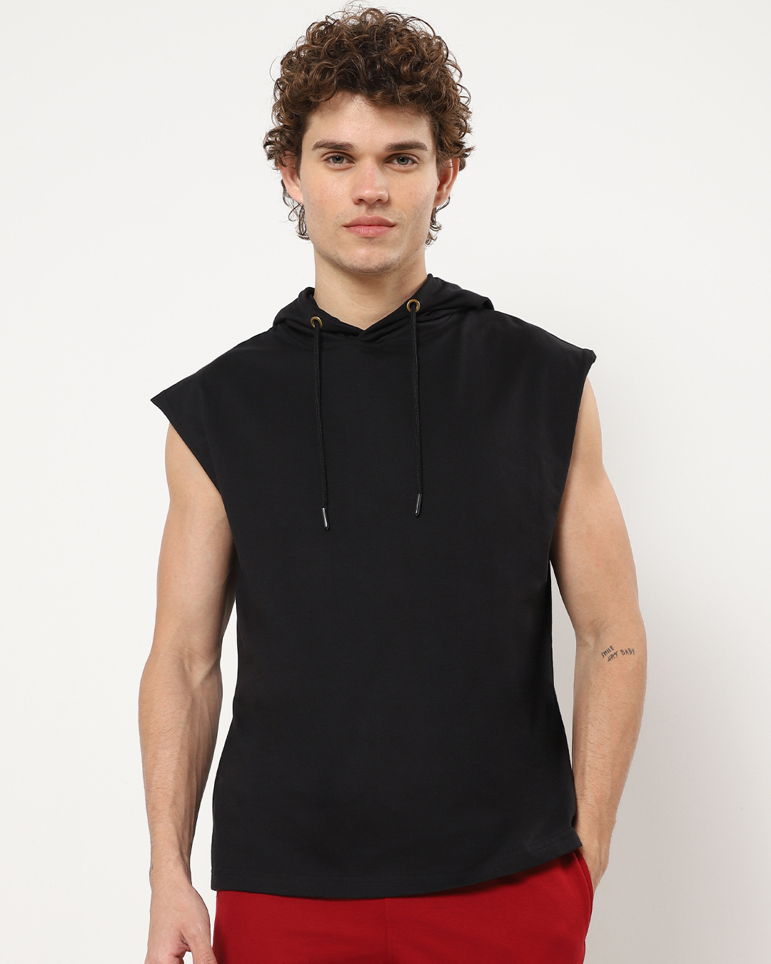 Shop Men's Black Sleeveless Hoodie T-shirt-Back