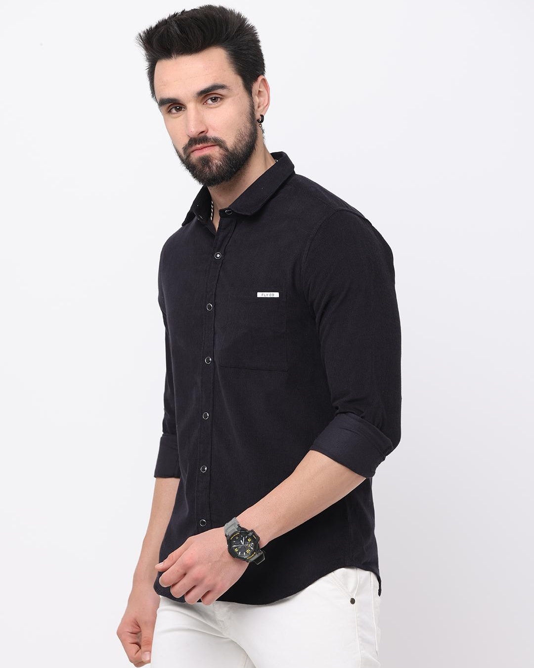 Shop Men's Black Slim Fit Corduroy Shirt-Back