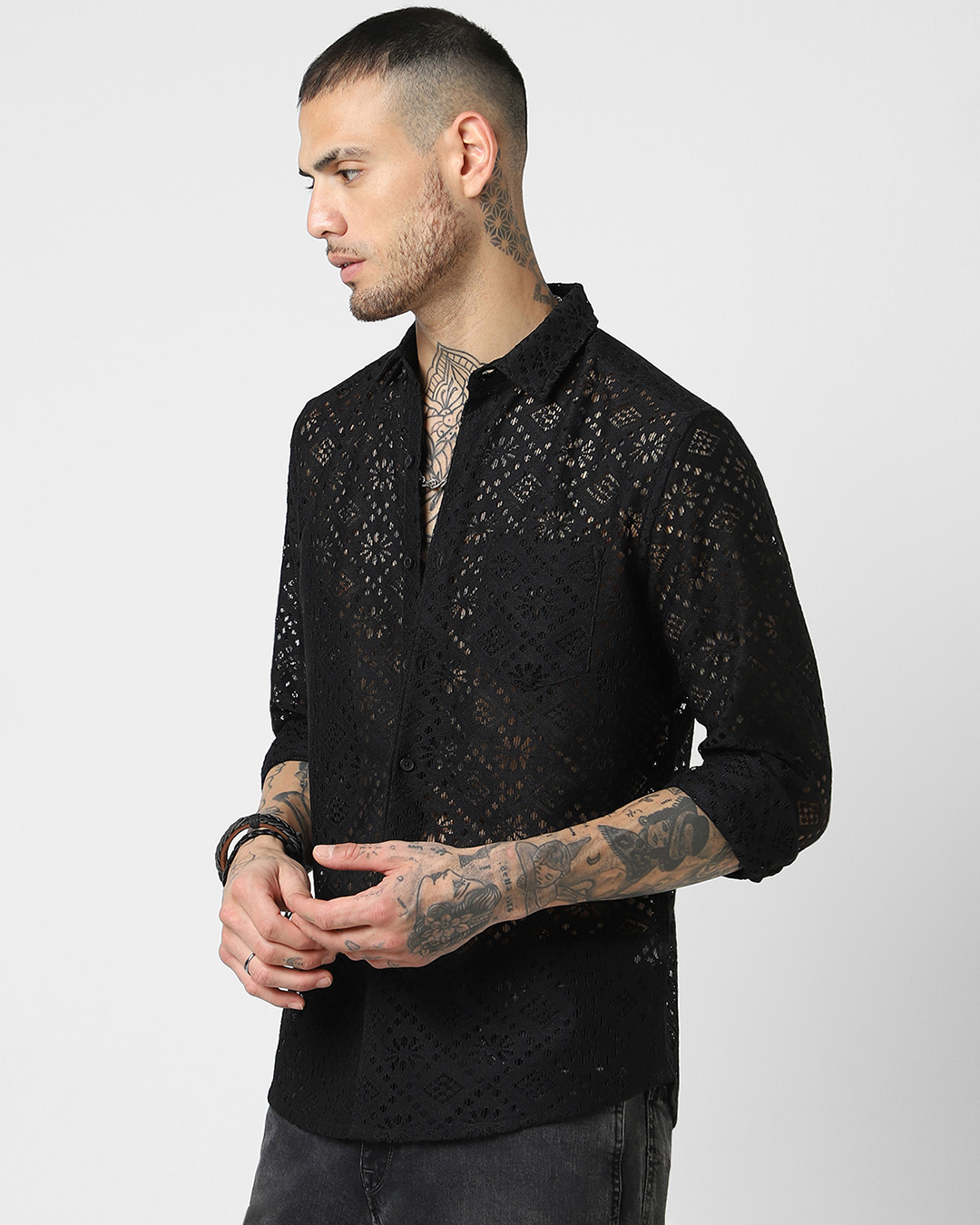Shop Men's Black Slim Fit Crochet Shirt-Back