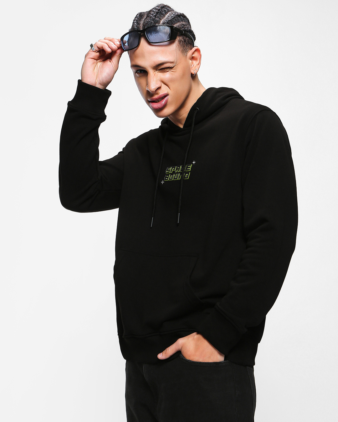 Shop Men's Black Space Bound Graphic Printed Oversized Hoodies-Back