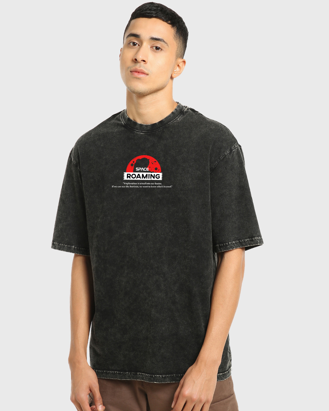 Shop Men's Black Space Roaming Graphic Printed Oversized Acid Wash T-shirt-Back