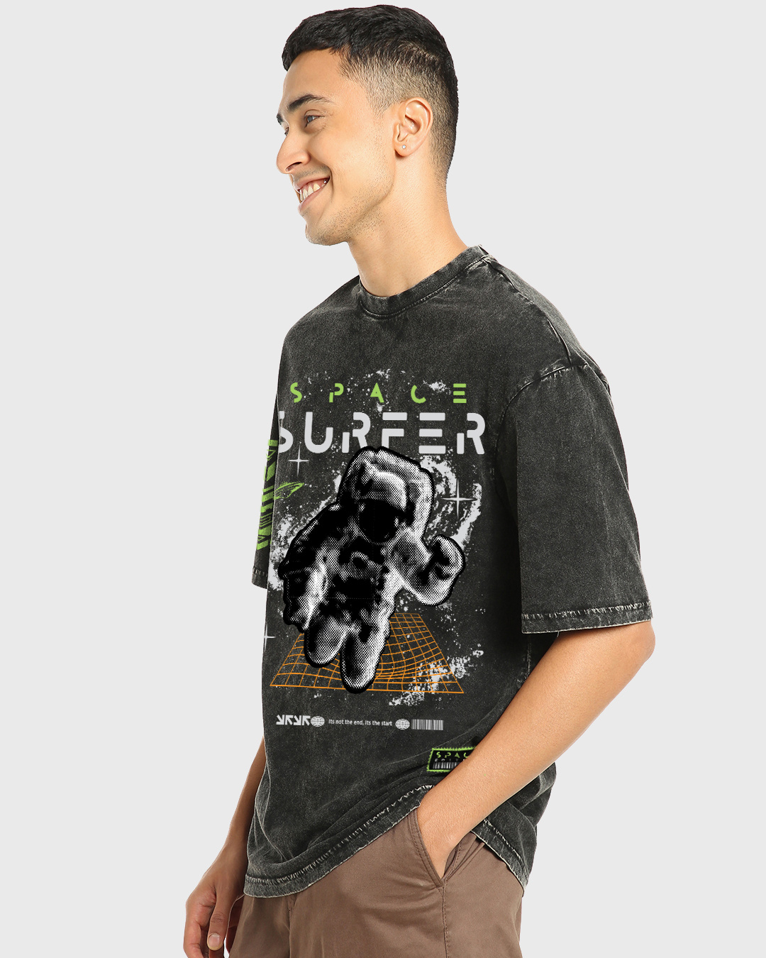 Shop Men's Black Space Surfer Graphic Printed Oversized Acid Wash T-shirt-Back