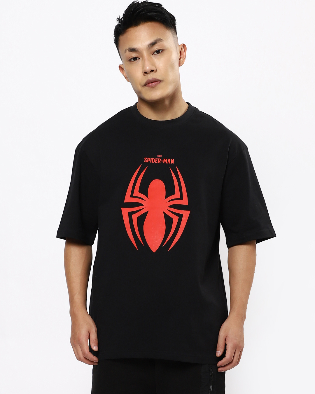 Shop Men's Black Spider Man Chest Printed Oversized Fit T-shirt-Back