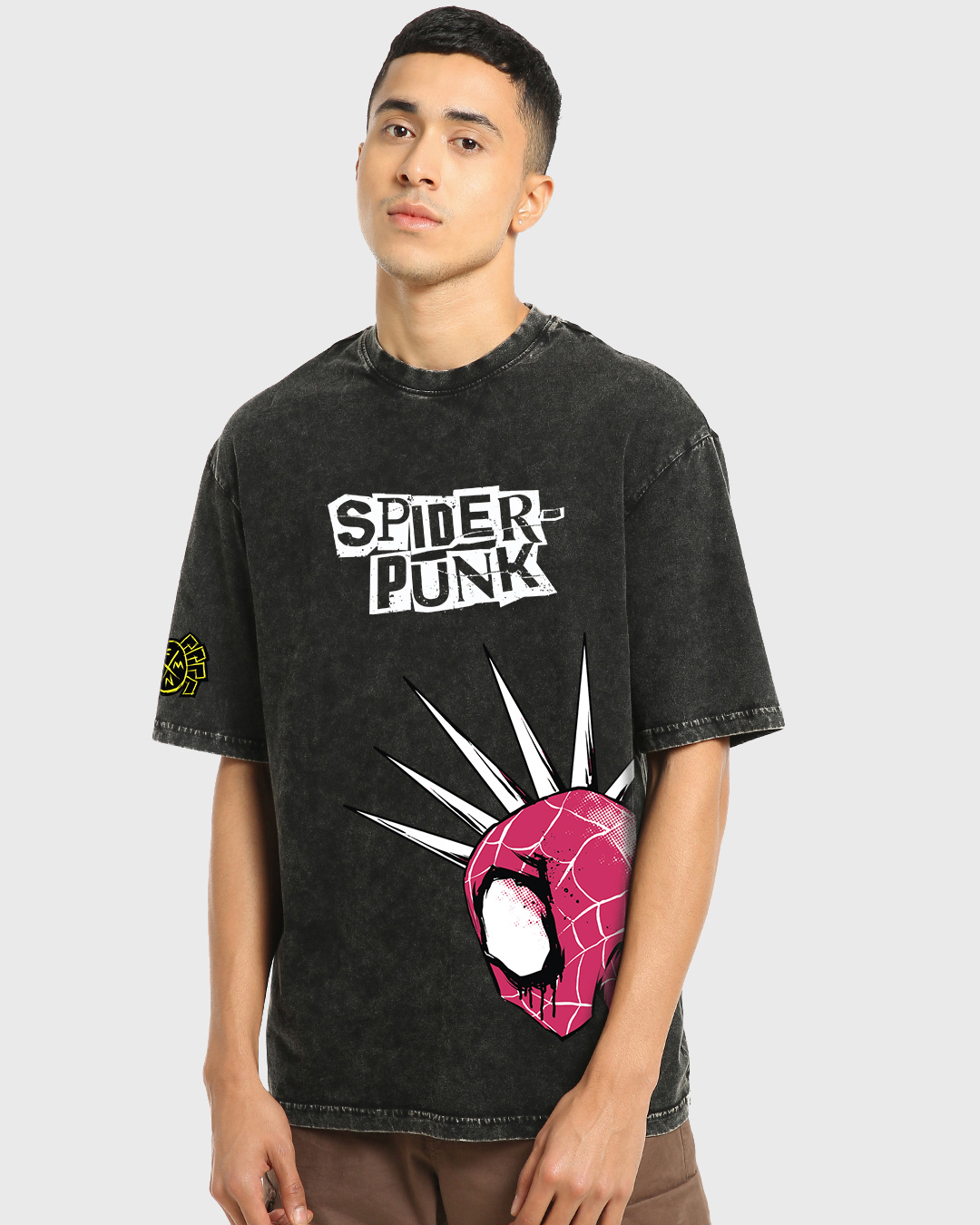 Shop Men's Black Spider Punk Graphic Printed Oversized Acid Wash T-shirt-Back