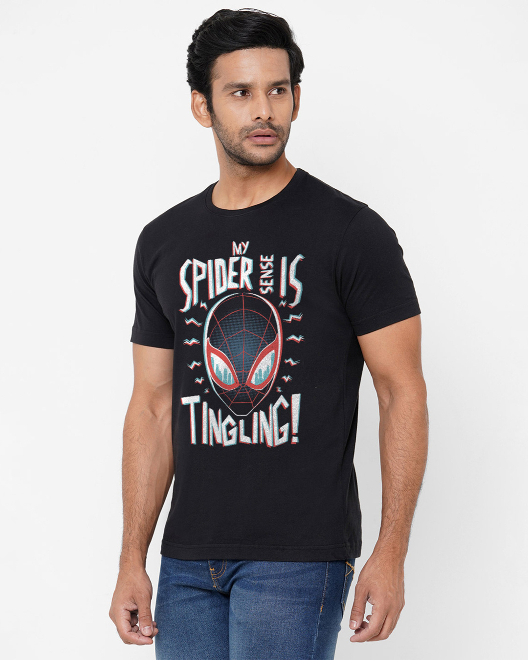 Shop Men's Black Miles Morales Spidey Senses  Marvel Typography T-shirt (Glow In The Dark)-Back