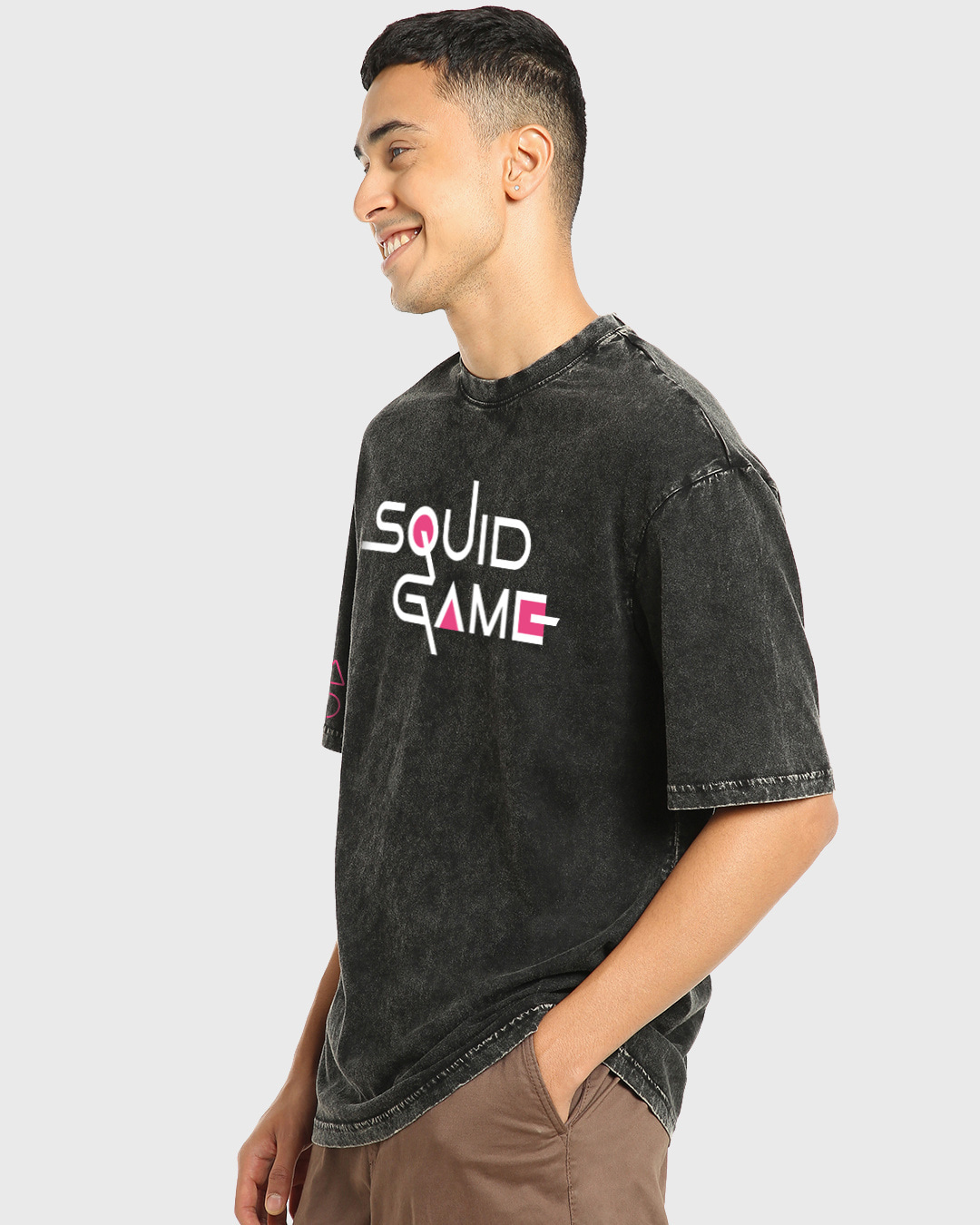 Shop Men's Black Squid Game Graphic Printed Oversized Acid Wash T-shirt-Back