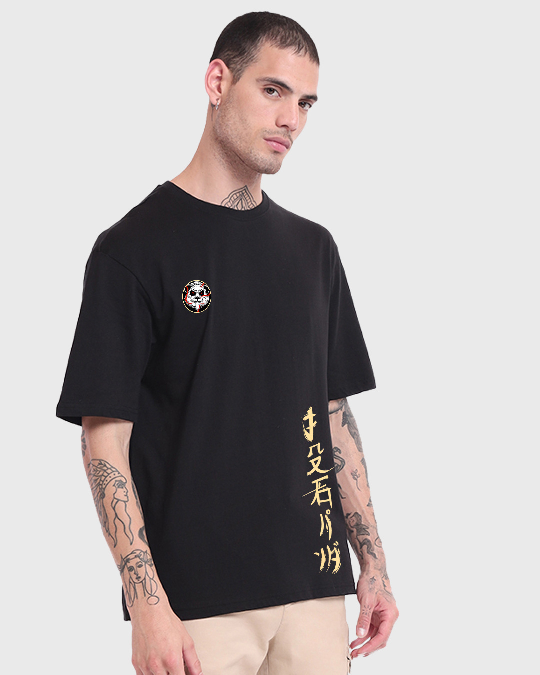 Shop Men's Black Stoned Panda Graphic Printed Oversized T-shirt-Back