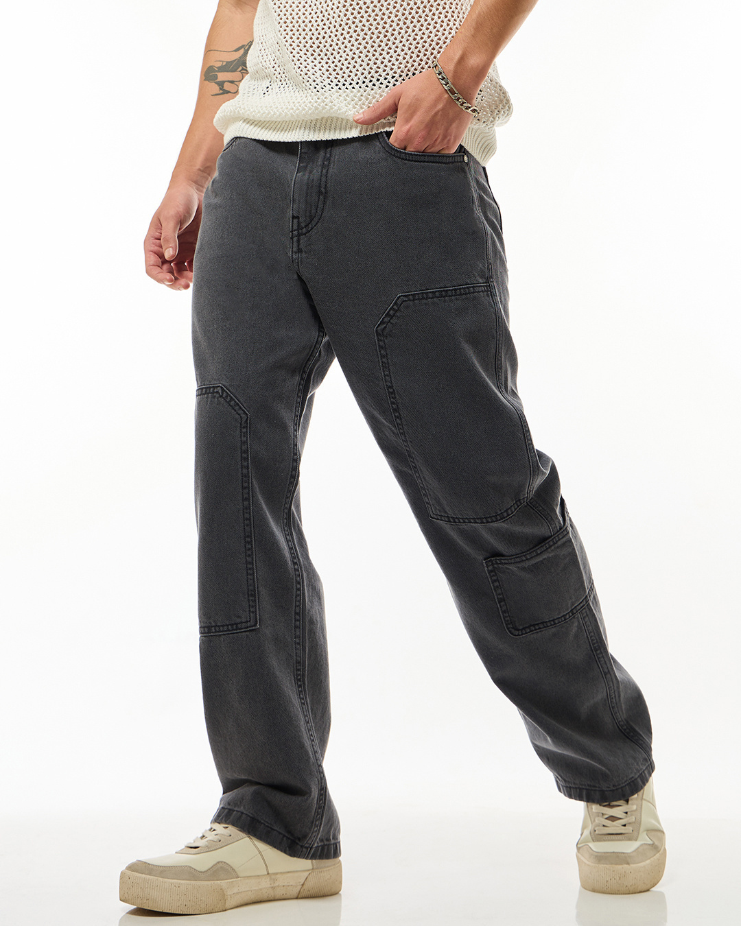 Shop Men's Black Straight Fit Cargo Jeans-Back
