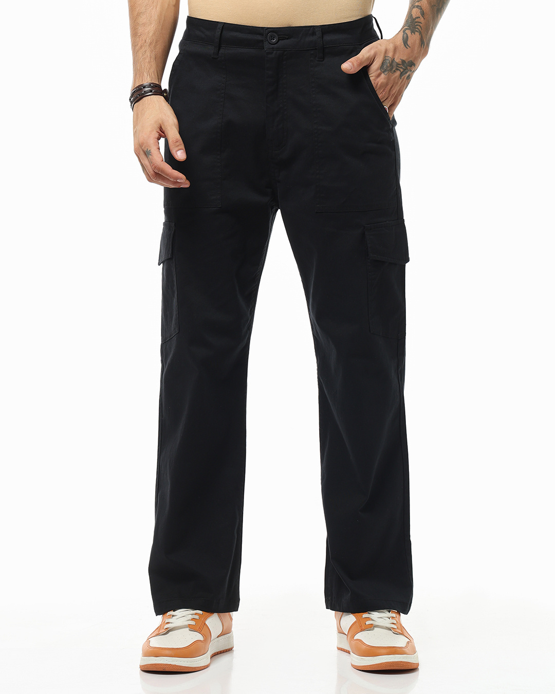 Shop Men's Black Straight Fit Cargo Pants-Back